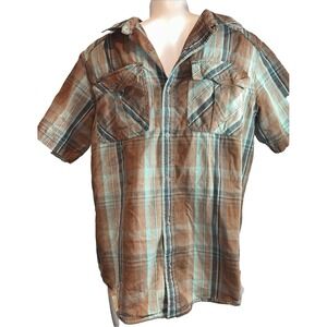 PrAna Shirt Men's m Brown  Plaid Crinkle Wash Midas Outdoor Short Sleeve Snap Up